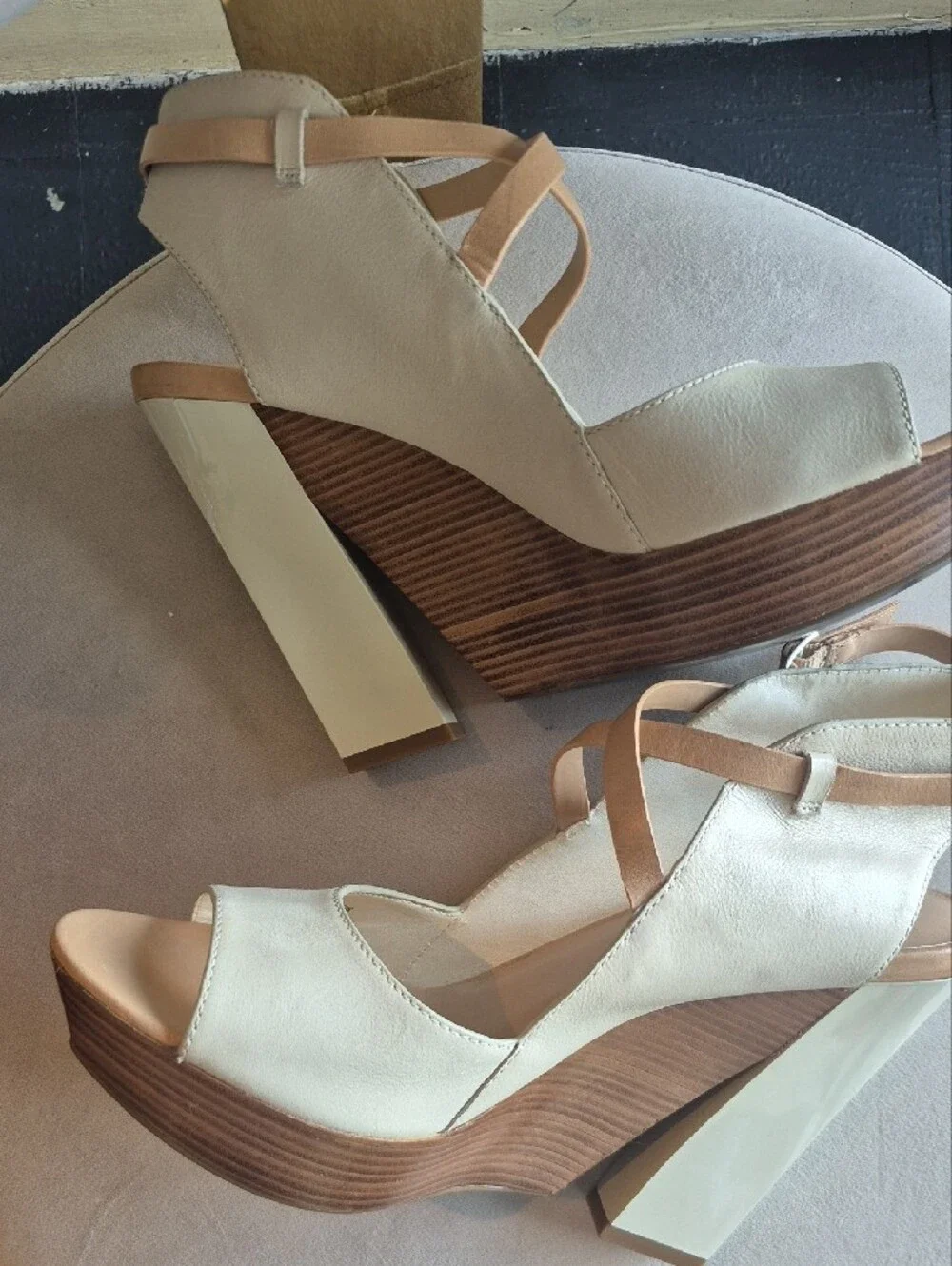 Nike Cream and Tan Wedge Sandals with Ankle Strap